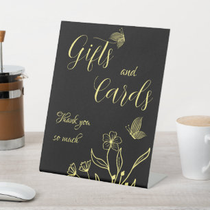 Romantic gold floral black wedding gift & cards pedestal sign