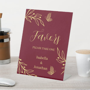 Romantic gold floral maroon wedding favours table  pedestal sign