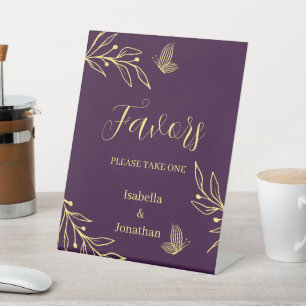 Romantic gold floral purple wedding favours table  pedestal sign