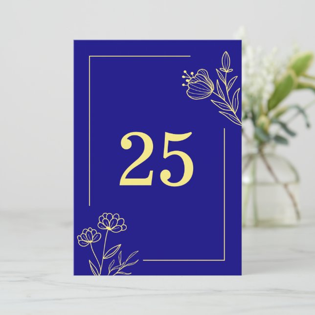 Romantic gold flower royal blue table number (Standing Front)