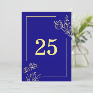 Romantic gold flower royal blue table number