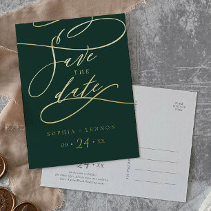Romantic Gold Foil and Emerald Green Save the Date Foil Invitation Postcard