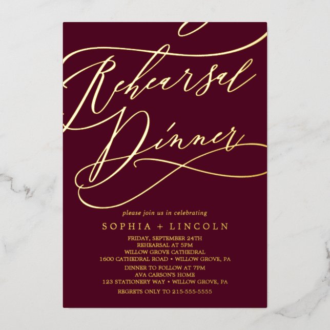 Romantic Gold Foil | Burgundy Rehearsal Dinner (Front)