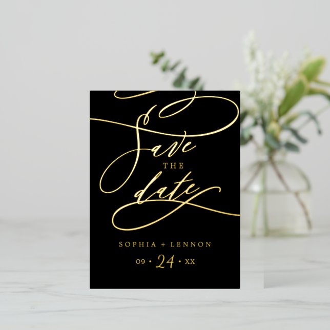 Romantic Gold Foil Calligraphy Black Save the Date Foil Invitation Postcard (Standing Front)