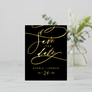 Romantic Gold Foil Calligraphy Black Save the Date Invitation Postcard