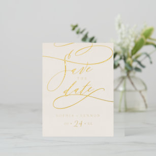 Romantic Gold Foil Calligraphy Ivory Save the Date Foil Invitation Postcard