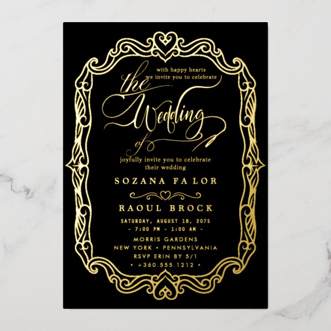 Romantic Gold Foil | Navy Blue Frame Wedding (Front)