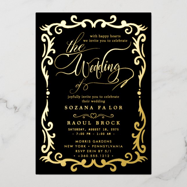 Romantic Gold Foil | Navy Blue Frame Wedding (Front)