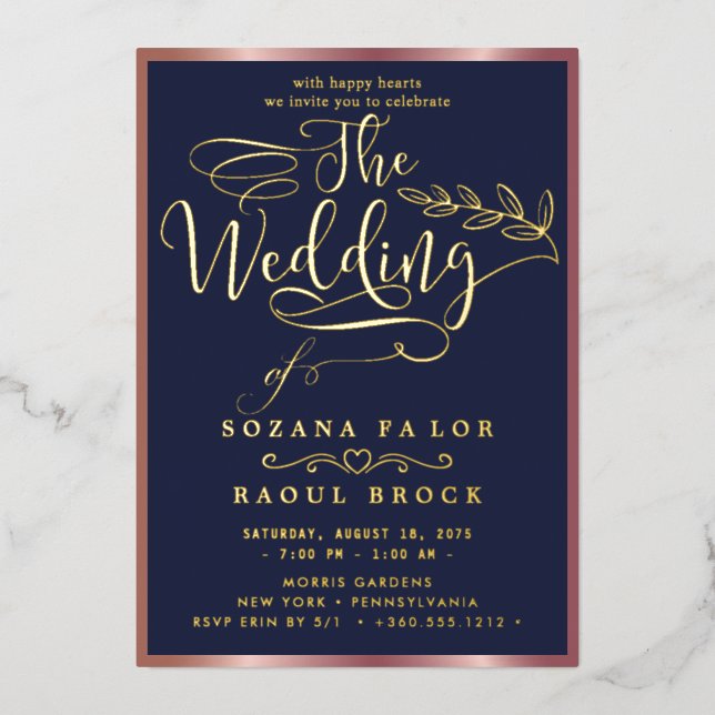 Romantic Gold Foil | Navy Blue Frame Wedding (Front)
