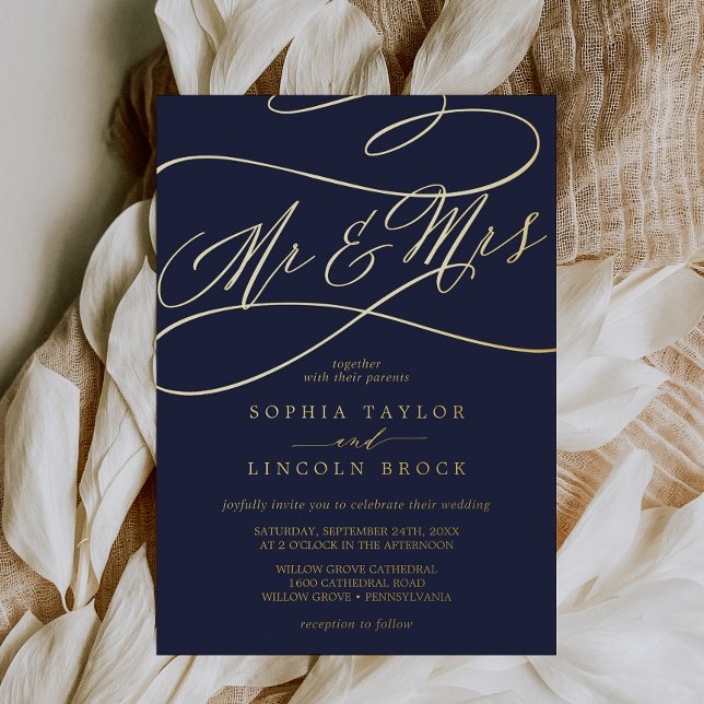 Romantic Gold Foil | Navy Blue Mr & Mrs Wedding (Creator Uploaded)