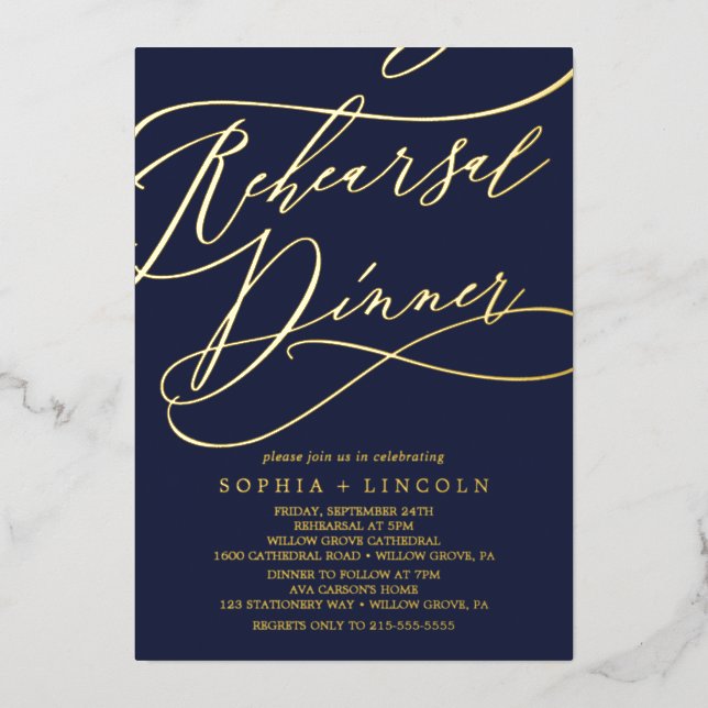 Romantic Gold Foil | Navy Blue Rehearsal Dinner (Front)