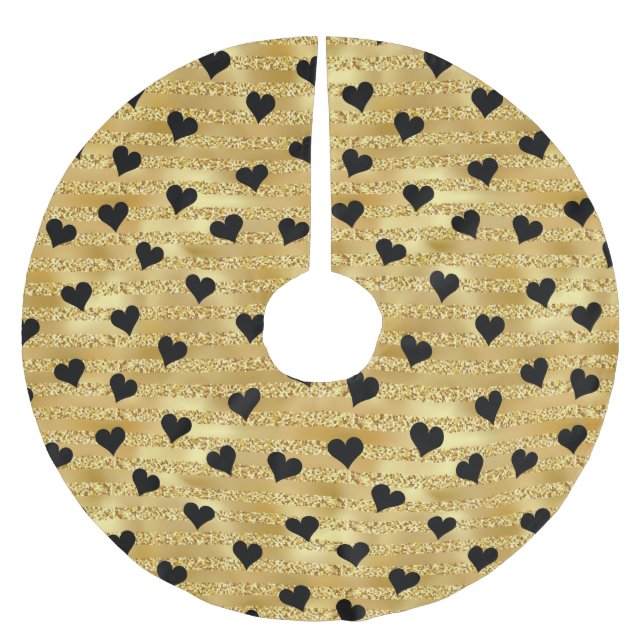 Romantic Gold Glitter Black Heart Design Christmas Brushed Polyester Tree Skirt (Front)