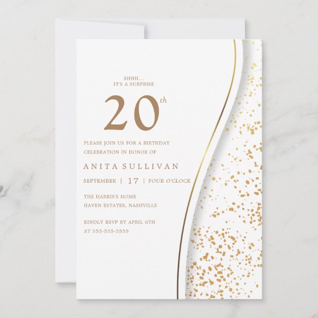 Romantic Gold Glitter Twenty 20th White Birthday Invitation (Front)