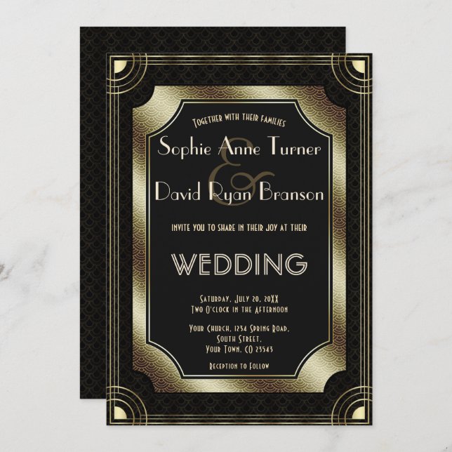 Romantic Gold Great Gatsby Art Deco 20s Wedding Invitation (Front/Back)