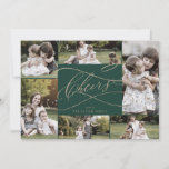 Romantic Gold Green Cheers 7 Photo Family News Holiday Card<br><div class="desc">This romantic gold green cheers 7 photo family news holiday card is the perfect simple holiday greeting. The modern classic design features fancy swirls and whimsical flourishes with gorgeous elegant hand lettered faux champagne gold foil typography. Personalise the card with 7 photos, your family name, first names, and year. Include...</div>