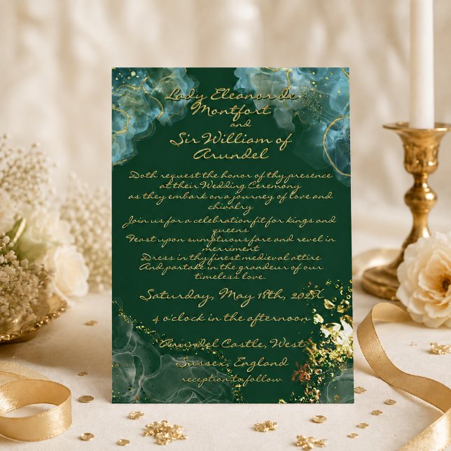 Romantic Gold Green Marble Fantasy Wedding Invitation (Creator Uploaded)