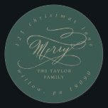 Romantic Gold Green Merry Circular Return Address Classic Round Sticker<br><div class="desc">These romantic gold green merry circular return address stickers are perfect for a simple holiday card or invitation envelope. The modern classic design features fancy swirls and whimsical flourishes with gorgeous elegant hand lettered faux champagne gold foil typography.</div>