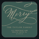 Romantic Gold Green Merry Return Address Envelope Square Sticker<br><div class="desc">These romantic gold green merry return address envelope stickers are perfect for a simple holiday card or invitation envelope. The modern classic design features fancy swirls and whimsical flourishes with gorgeous elegant hand lettered faux champagne gold foil typography.</div>