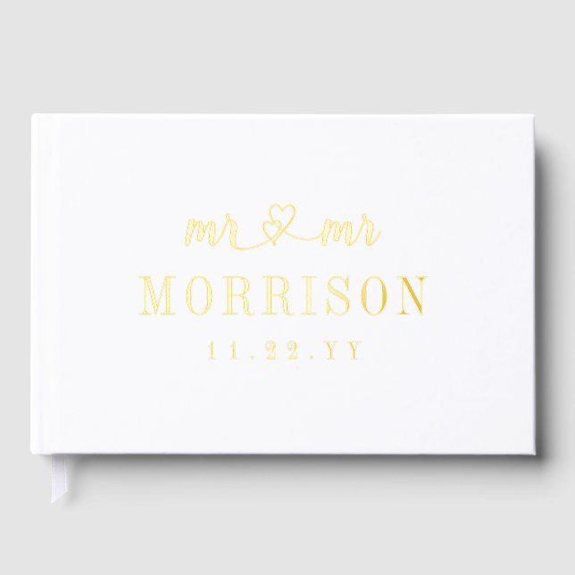 Romantic Gold Heart Script Mr & Mr Wedding Guest Book (Front)