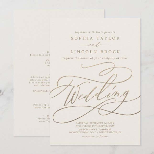 Romantic Gold | Ivory Details on Back Wedding Invitation (Front/Back)