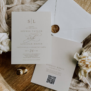 Romantic Gold Ivory Monogram QR Code Back Wedding Invitation