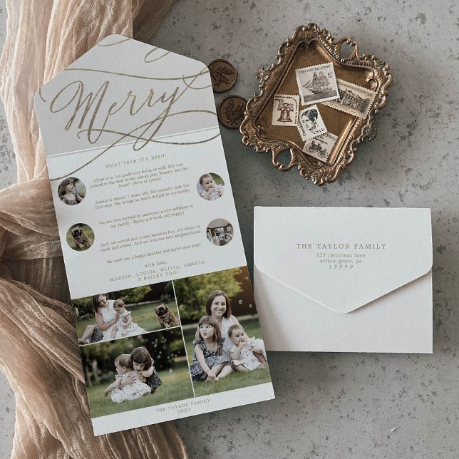 Romantic Gold Merry Christmas Multi Photo Holiday All In One Invitation (Creator Uploaded)