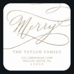Romantic Gold Merry Return Address Envelope Square Sticker<br><div class="desc">These romantic gold merry return address envelope stickers are perfect for a simple holiday card or invitation envelope. The modern classic design features fancy swirls and whimsical flourishes with gorgeous elegant hand lettered faux champagne gold foil typography.</div>