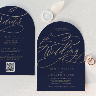 Romantic Gold Navy All In One QR Code Arch Wedding Invitation