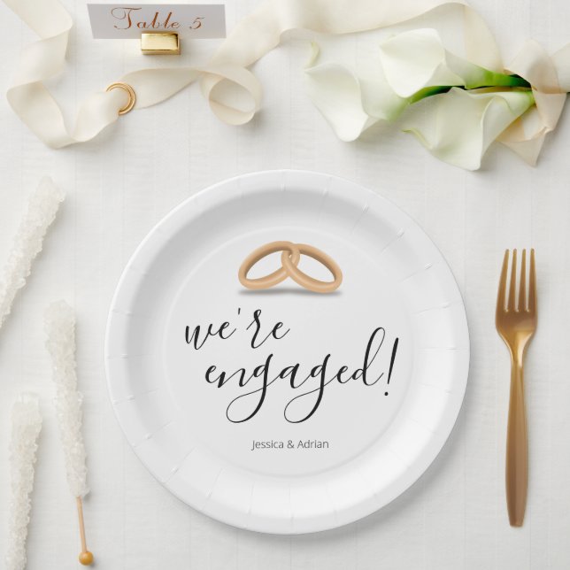 Romantic Gold Rings We're Engaged Paper Plate (Wedding)