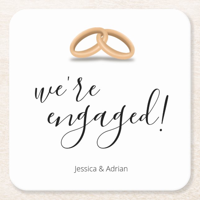 Romantic Gold Rings We're Engaged Square Paper Coaster (Front)