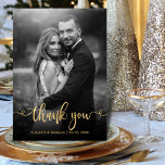 Romantic Gold Script 2 Black White Photo Wedding Thank You Card<br><div class="desc">Elegant Chic Romantic Gold Calligraphy Script 2 Black White Photo Custom Wedding Thank You Card. Send thanks to your friends and family for being part of your special day with this custom personalised thank you card. It features an elegant and stylish swirly calligraphy swash tail font script text overlay design....</div>
