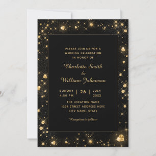 Romantic Gold Sparkly Diamond Hearts Black Invitation