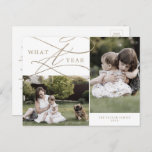 Romantic Gold What A Year 2 Photo Family News Holiday Postcard<br><div class="desc">This romantic gold what a year 2 photo family news holiday postcard is the perfect simple holiday greeting. The modern classic design features fancy swirls and whimsical flourishes with gorgeous elegant hand lettered faux champagne gold foil typography. Personalise your postcard with 2 photos, your family name, first names, and year....</div>