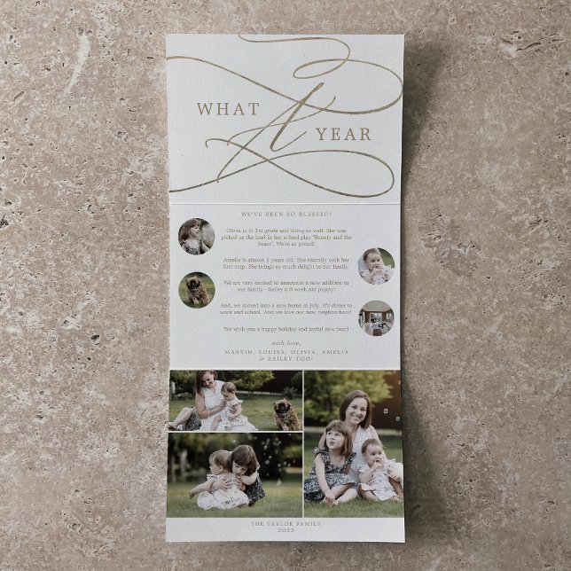 Romantic Gold What A Year Christmas Multi Photo Tri-Fold Holiday Card (Creator Uploaded)