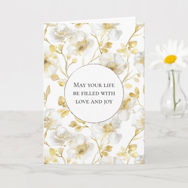 Romantic Gold White Floral Wedding Card (Small Plant)