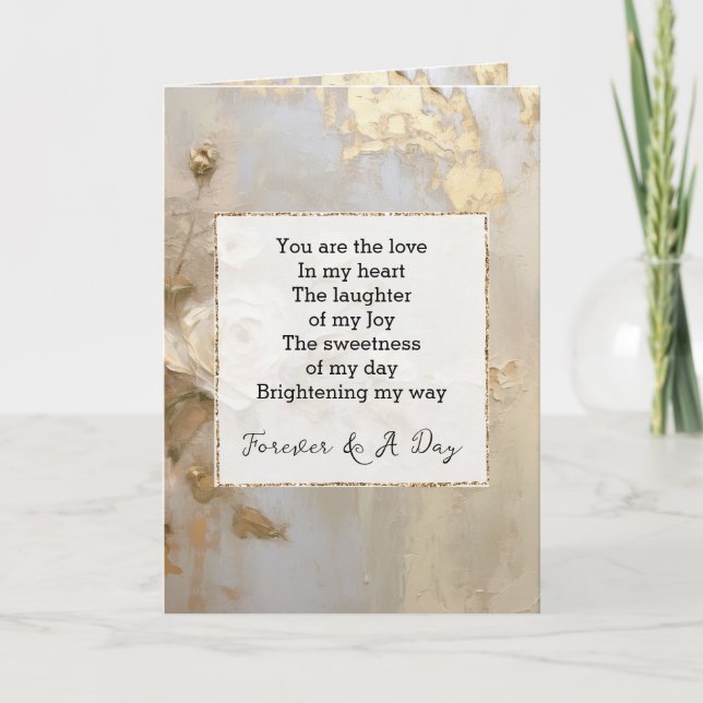 Romantic Gold White Roses Forever Poem Card (Front)
