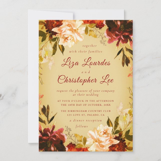 Romantic Golden Fall Floral Wedding Invitation (Front)