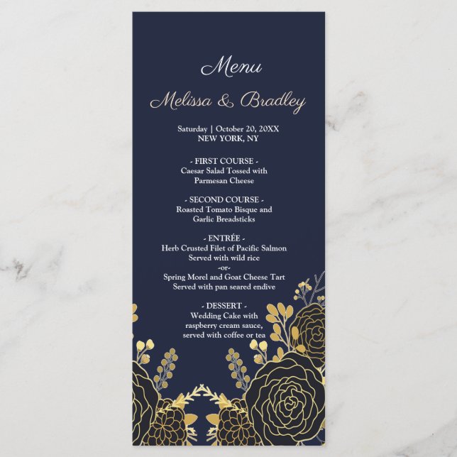Romantic golden Floral Navy Blue Wedding Menu (Front)