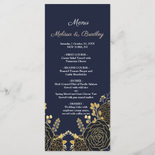 Romantic golden Floral Navy Blue Wedding Menu
