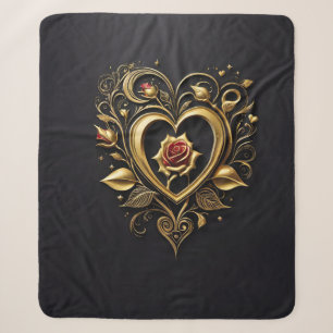 Romantic golden heart with a blooming red rose  sherpa blanket