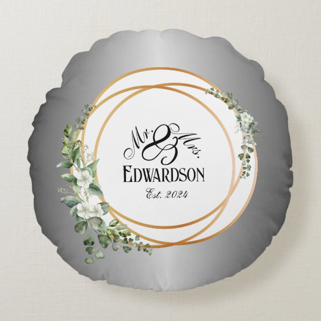 Romantic Golden Rings & Floral Anniversary  Round Cushion (Front)