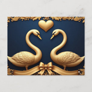 Romantic Golden Swan Couple Heart Navy Wedding Fra Postcard