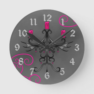 Romantic Gothic candelabra in hot pink and grey Round Clock