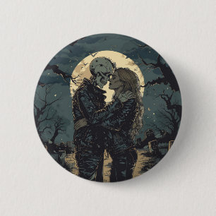 Romantic gothic cartoon of a skeleton and woman 6 cm round badge