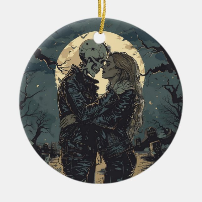 Romantic gothic cartoon of a skeleton and woman  ceramic tree decoration (Front)