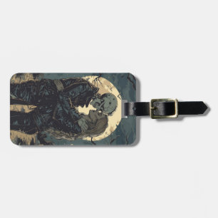 Romantic gothic cartoon of a skeleton and woman luggage tag