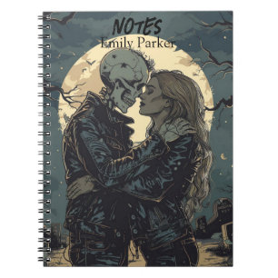Romantic gothic cartoon of a skeleton and woman  notebook