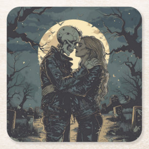 Romantic gothic cartoon of a skeleton and woman square paper coaster