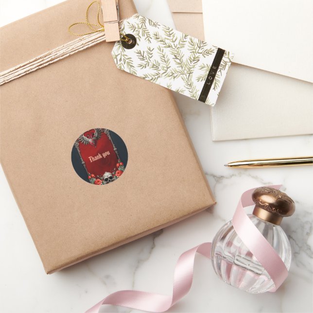 Romantic Gothic icon: heart, rose, skull.  Classic Round Sticker (Gifting)