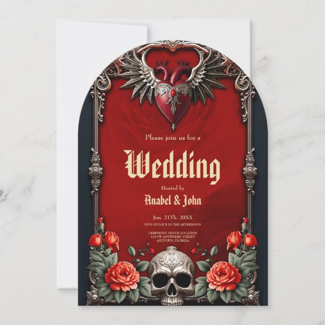 Romantic Gothic icon: heart, rose, skull.  Invitation (Front)